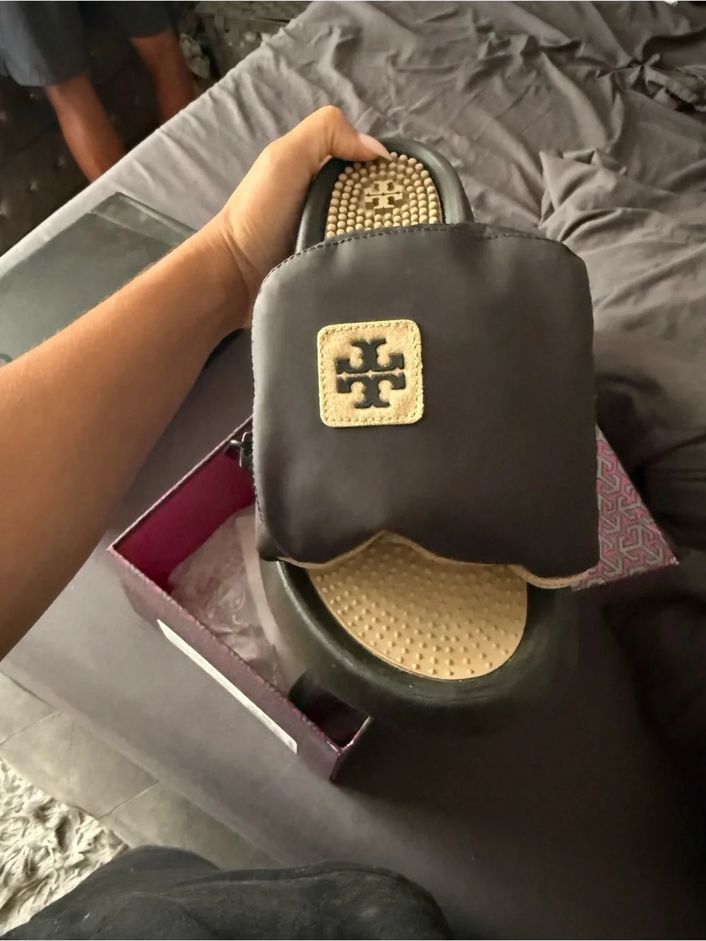 Tory Burch Black Nylon Slide Sandals with Gold Logo Patch